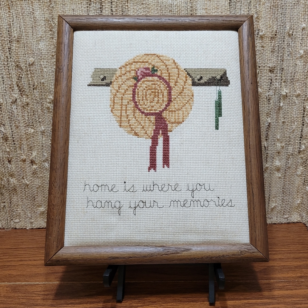 Vintage Framed Needlepoint Embroidery - Home Is Where You Hang Your Memories